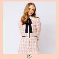 [asv aw22] Gelia plaid checked jacket เสื้อเชิ้ตผู้หญิง ตกแต่งกระเป๋าหน้า แขนยาว ตกแต่งโบว์ผูกคอ  ผ้าลายตาราง