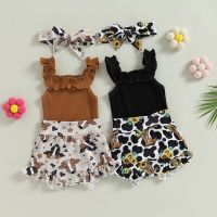 Summer Newborn Baby Girls Clothing Sets Solid Color Ribbed Sleeveless Romper with Cow/Flower Print Shorts and Hairband  by Hs2023