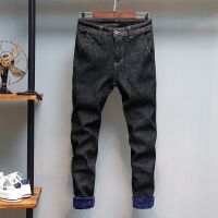 [COD] Jeans mens slim-fit autumn and winter plus velvet thick tide brand casual straight Korean style trousers 9018