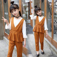 2021 Child office Clothing Spring summer Patchwork khaki shirt blouse + Girls pants Sets Teenager riding dress 8 10 12 14 Years