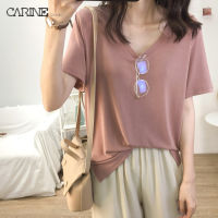 CARINE เสื้อยืดผู้หญิงแขนสั้นคอวีสไตล์เกาหลี,เสื้อยืดสีขนาดใหญ่พื้นสไตล์ลำลอง