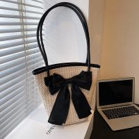 Western Style Sweet Lady Bowknot Handbag Straw Woven Fashionable Shoulder Bag Influencer Same Large-Capacity Bucket Female 【AUG】