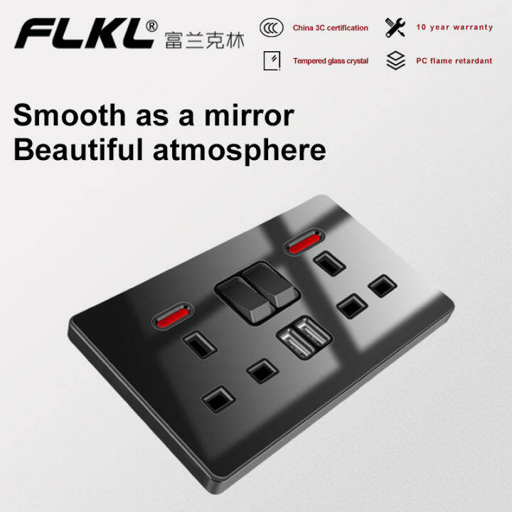 Flkl 【tempered glass】switch socket gray/black Modern smart home wall switch 13 amp Universal