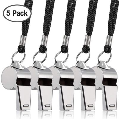 5Pcs Metal Whistle Referee Sport Rugby Party Outdoor Sports Whistle Training School Soccer Football Black Lanyard Judge Whistle Survival kits