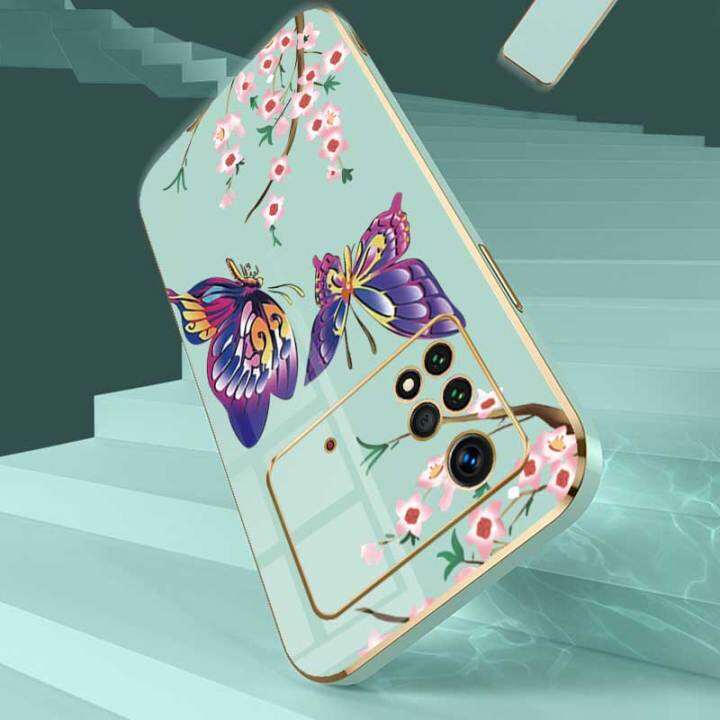 เคสสำหรับ-xiaomi-poco-m4-pro-4g-xiaomi-poco-m4-5g-ผีเสื้อสวยงามหรูหราพร้อมกล้องดอกไม้เคสโทรศัพท์ขอบชุบฝาครอบซิลิโคนนิ่มพร้อมฟรีสายคล้อง