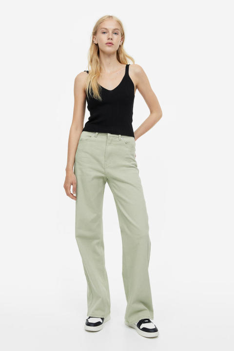 H&M - Wide twill trousers - Green Dusty Light | Lazada PH