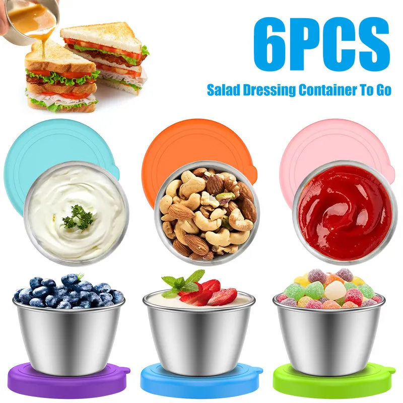 6Pack 2.4oz Small Condiment Containers with Lids, Salad Dressing Container  To Go, Stainless Steel Sauce Silicone Leakproof, Reusable, Dipping Cups