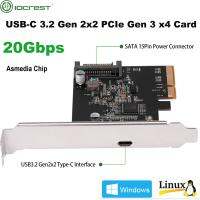 IOCREST USB-C 3.2 Gen 2X2 PCI-e Gen 3X4 Type-C การ์ดขยาย20Gbps ชิปเซ็ต ASM3242มีเดียที่มีอะแดปเตอร์ FJK3825พลังงาน SATA 15 Pin