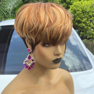 Glueless Highlight Short Pixie Cut Human Hair Wigs Straight zilian 99J Burdy Colored for Black ull Machine Made Wig