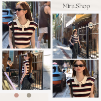 Mira_shop เสื้อครอปคอปก ลายทาง กระดุมหน้า 12373#