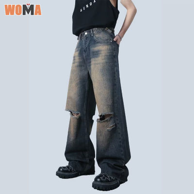 WOMA  กางเกงยีนส์ย้อนยุคสไตล์อเมริกันเอวสูงผู้ชายกางเกงผู้ชายขาสามส่วน Ins