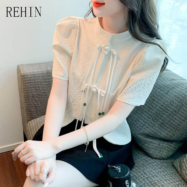 rehin-women-s-top-courtly-single-row-plate-button-tassel-short-sleeve-shirt-traditional-retro-elegant-blouse