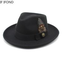 New Feather Band Wool Felt Fedora Hat Men Curved Brim Panama Party Trilby Cowboy Cap Gentleman Wedding Jazz Hat