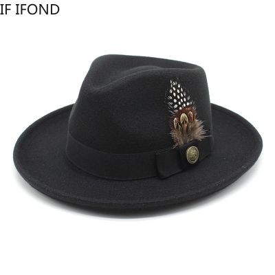 ใหม่ขนนกวงขนสัตว์รู้สึกหมวก Fedora ผู้ชายโค้งปีกปานามาพรรค Trilby คาวบอยหมวกสุภาพบุรุษแต่งงานหมวกแจ๊สぃ