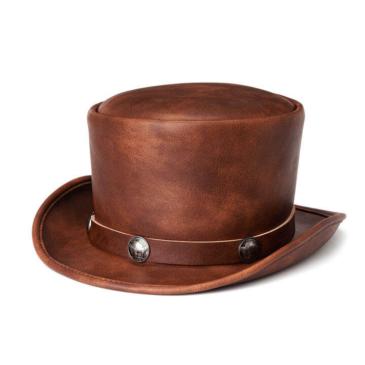 european-and-american-punk-halloween-new-industrial-retro-style-pu-leather-dome-neutral-magic-hat-gentleman-party-top-hat-for-women