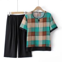 【มีไซส์ใหญ่】Plus Size Womens 2 Pieces Summer Sets Plaid Short Sleeve Top + Elastic Waist 8/10 Pants Vintage Suits