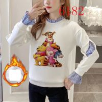 COD jb2763 Anime Cartoon long-sleeved T Women Winnie the Pooh Disney style เสื้อแขนยาวปลอมสองชิ้น Round neck Hip-hop Fake two-piece Hoodies เสื้อฮู้ด