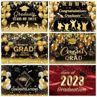 2023 Graduation Backdrop for Photography Gold Glitter Balloon Bachelor Caps Class of 2023 Congrats Grad Party Background Banner Colanders Food Straine