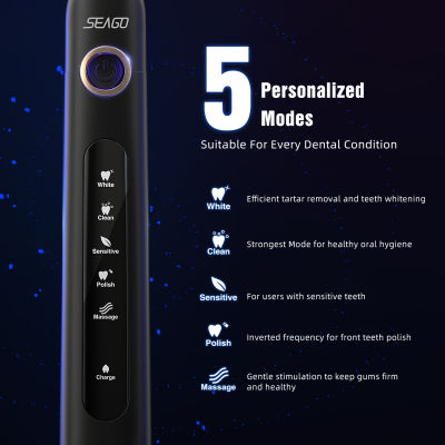 SEAGO แปรงสีฟันไฟฟ้าแบบชาร์จโซนิคท่องเที่ยวแปรงสีฟันหัวเปลี่ยนสมาร์ทจับเวลา IPX7กันน้ำ5โหมดผู้ใหญ่