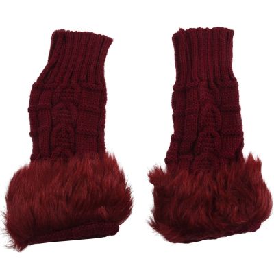 Women Faux Rabbit Fur Hand Wrist Winter Warmer Knitted Fingerless Gloves Gift-wine red