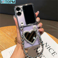 เคสโปร่งใสกระจกรูปหัวใจแวววาวเคลือบแบบเกาหลีพร้อมโซ่แบบแปลกสำหรับออปโป้ไฟนด์ N2พลิก Findn2ค้นหาเคสแบบพับปิดได้ N2