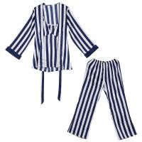 Women Home Clothing Pajamas Sets 3 Pieces Fashion Sexy Ice Silk Stripe Women Pajama Set Long Waist Belt Female