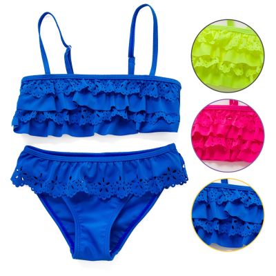 ❆ 6-14years Girls Swimsuit Two-pieces Ruffle Hollowed Girls Swimwear Bikini Fashion Layered Solid Children 39;s Swimwear New 2021