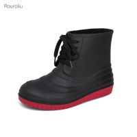 Men Fashion Non-slip Ankle Rain Boots Flat Platform Work Water Boots Round Toe Cross-tied Waterproof PVC Shoes Autumn Rainboots