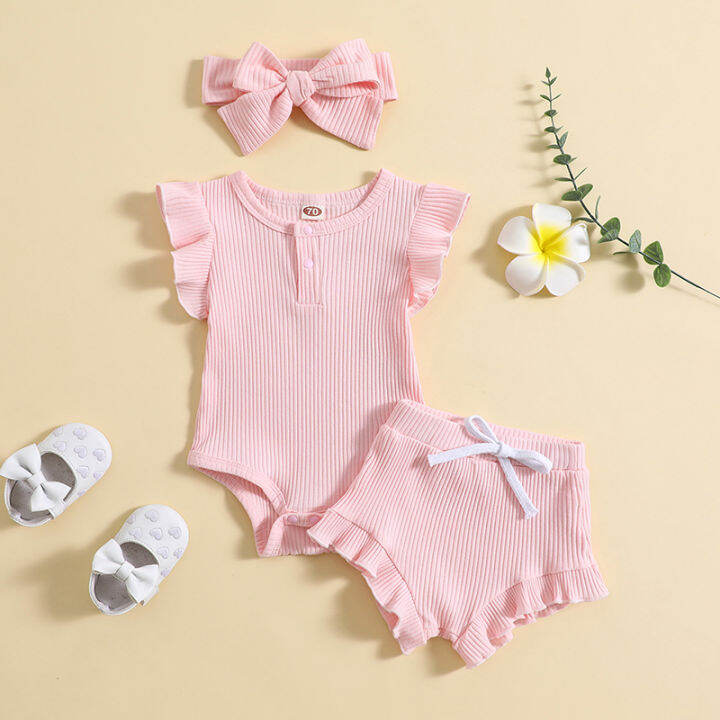 【beautywoo】Baby Girl Summer Rompers Set Solid Color Ribbed Flying