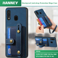 HANNEY สำหรับ VIVO V27E V27 V25E V25 Pro X60 Y72 Y53S Y75 Y55 T1 5G แบบย้อนยุคเคสกระเป๋าเก็บบัตรกันกระแทกป้องกันการตกพร้อม ฝาครอบหลังแบบนิ่มสายคล้องแทบข้อมือ SD-D7