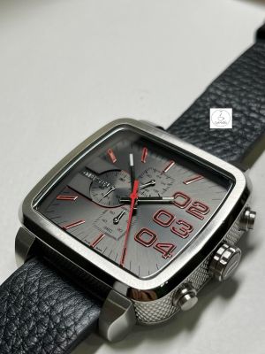 นาฬิกาข้อมือผู้ชายสี่เหลี่ยม DIESEL รุ่น DZ4304 Square Double Down Chronograph หน้าปัดสีเทา สายหนังสีดำ ของแท้แน่นอน