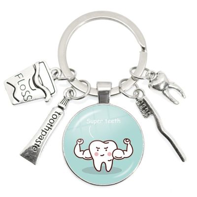 【CW】▬☃□  New Cartoon Teeth Pattern Dentist Medal Keychain Childrens Glass Gem Pendant Keyring Hoilday Souvenir