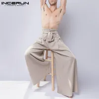 (Western Style) INCERUN Mens Casual Hippy Baggy Wide Leg Pants High Waist Belted Dancing Yoga Trousers
