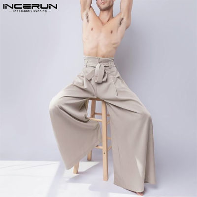 INCERUN กางเกงลำลองขายาวเอวสูงสำหรับผู้ชาย,กางเกงโยคะเอวสูงกางเกงขากว้างทรงหลวมสไตล์ตะวันตก