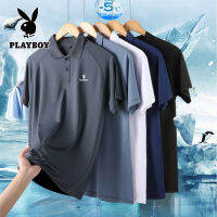 PLAYBOY แฟชั่นผู้ชายเสื้อโปโลแท้ฤดูร้อนน้ำแข็งผ้าไหมแห้งเร็วปกบวกขนาด M-5XL