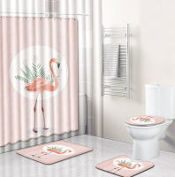 Zeegle Flamingo 4pcs Bath Mat Suit Toilet Mat Set with Shower Curtain Pedestal Rug Lid Toilet Cover Bath Mat for Home Decor