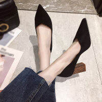 Pointed Black High-heeled Shoes for Women, y Plaid Block Heels, Korean Style Fashionable Commuter Pumps