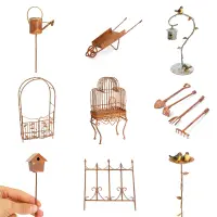 Miniature Metal Fairy Garden Accessories Rusty Ornaments Vintage Decoration Mini Arch Gate Birdcage Bird House Pick Fence Lamp