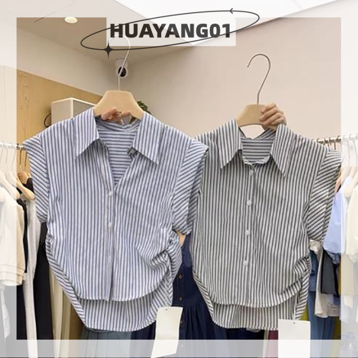 huayang01-2023-new-hot-fashion-lazlook-เสื้อผู้หญิงลายทางคอปกเข้ารูปสุดชิคคลาสสิกฤดูร้อนเรียบง่ายลำลอง