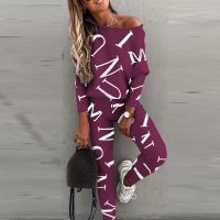 Womens Yoga Set Soft Outfit Letters Print Long Sleeve Top Spring Tracksuit Casual Sports Fitness Yoga Suit