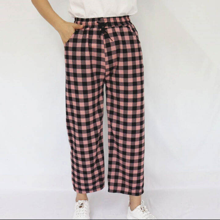 ส่งไว-กางเกงขายาวสก็อตสีสวย-plaid-pants-ทรงขาตรง-เป็นเอวยางยืดมีเชือกผูกรูดปรับขนาดเอวได้-ผ้าหนังไก่-9113-มีกระเป๋า2ข้าง