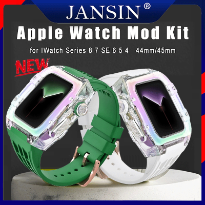 สาย Apple Watch 9 8 7 45MM SmartWatch Mod Kit สายนาฬิกา i Watch Series 6 5 4 SE2 44MM ยางสายและเคสป้องกัน Modification Kit สีใส เคส