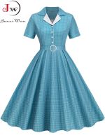 คอหยัก Slim Elegant Party Dress ฤดูร้อนผู้หญิงลายสก๊อตพิมพ์ Vintage Swing 50S 60S Sundress Casual