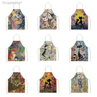 ✱♧✘ Flower Kitchen Cooking Apron Cute Cat Printed Home Sleeveless Cotton Linen Aprons for Men Women Baking Accessories