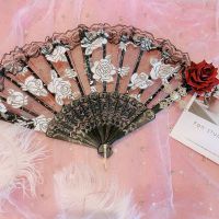 Lolita Lace Women Folding Fan Handheld Retro Rose Dark Gothic Court Dance Cosplay Photo Props Hand Fan Wedding Party Decorations