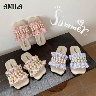 รองเท้าแตะแฟชั่นชุดเด็กผู้หญิงรองเท้าแตะสลิปเปอร์สไตล์นางฟ้า AMILA แบบมีระบายดอกไม้แบบมุกแบน