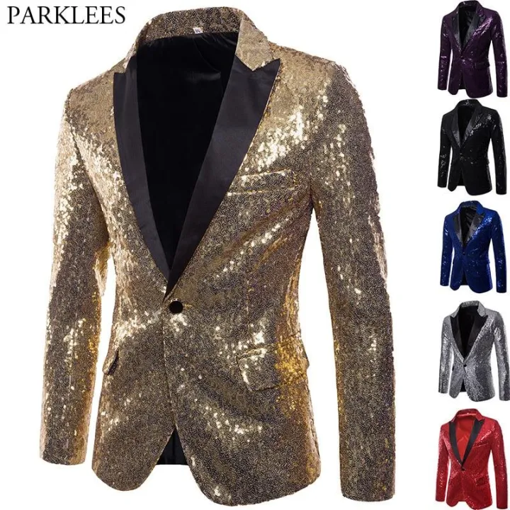 Shiny Gold Sequin Glitter Embellished Blazer Jacket Men Nightclub Prom ...