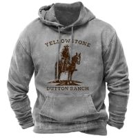 เสื้อแขนยาววินเทจทรงหลวมแนวสตรีทแวร์มีฮู้ดเสื้อบุรุษ3D Yellowstone Park 2ชิ้น