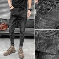 ✢ Pants 2021 new trendy mens Korean version trendy slim mens jeans with holes small feet all-match nine-point long pants