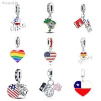 NEW 925 Sterling Silver Brazil Spain Heart-shaped Flag Dangle Charm Fit Original Pendant Bracelet Bangle Making DIY Jewelry